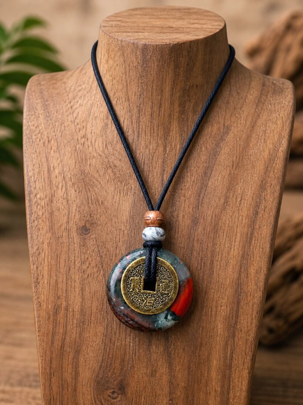 African Bloodstone & Lucky Coin Pendant Necklace | Handmade - Picture 5 of 7